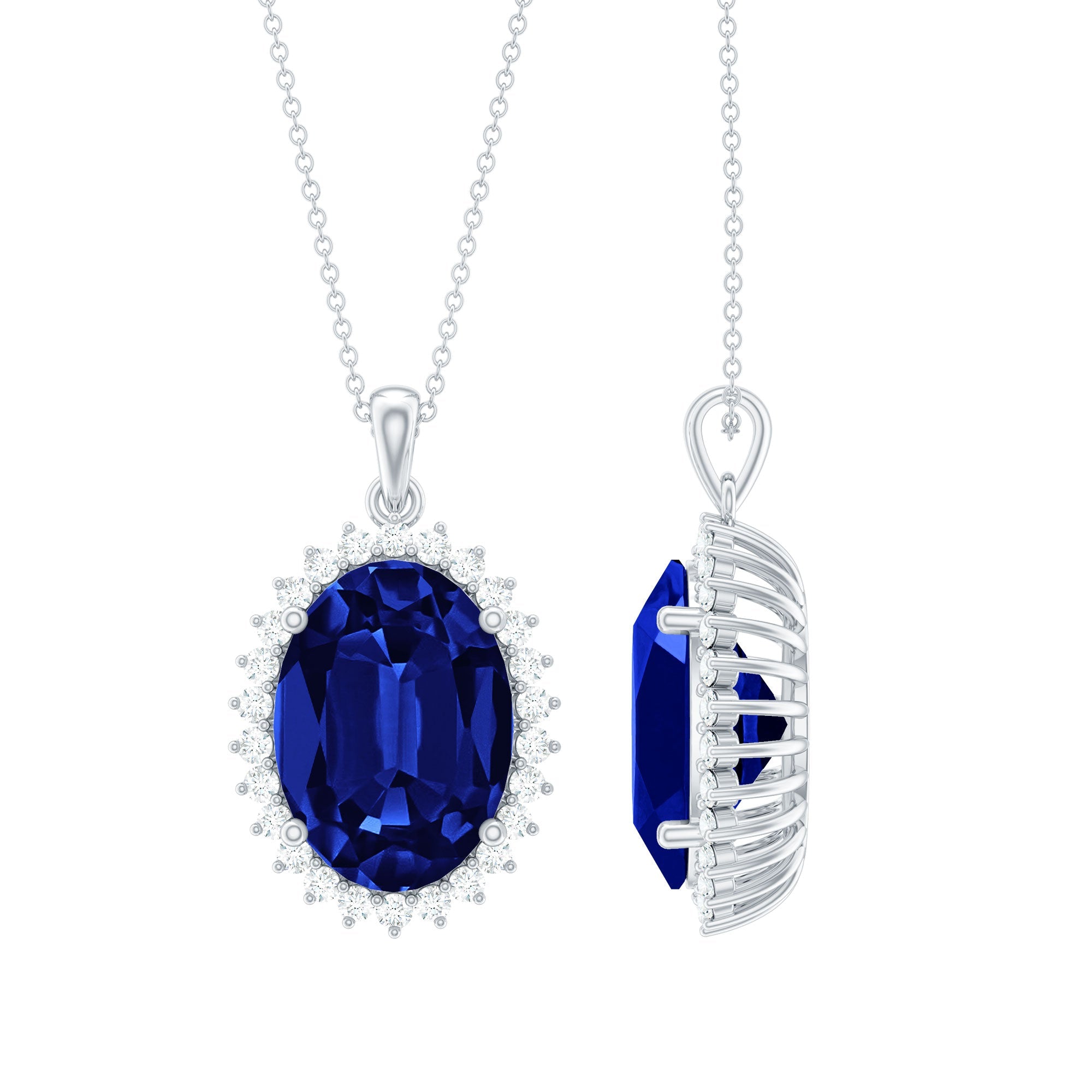 13X18 MM Lab Grown Blue Sapphire Bridal Necklace With Silver Chain