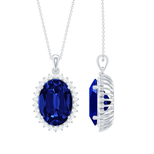 13X18 MM Lab Grown Blue Sapphire Bridal Necklace With Silver Chain