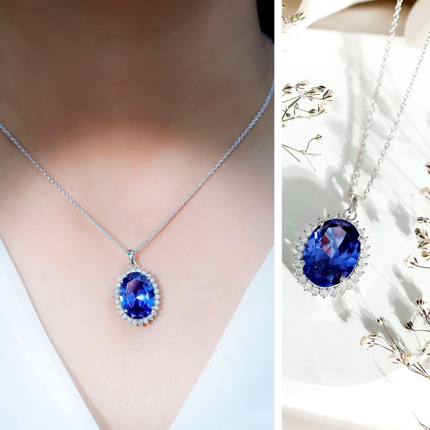 13X18 MM Lab Grown Blue Sapphire Bridal Necklace With Silver Chain