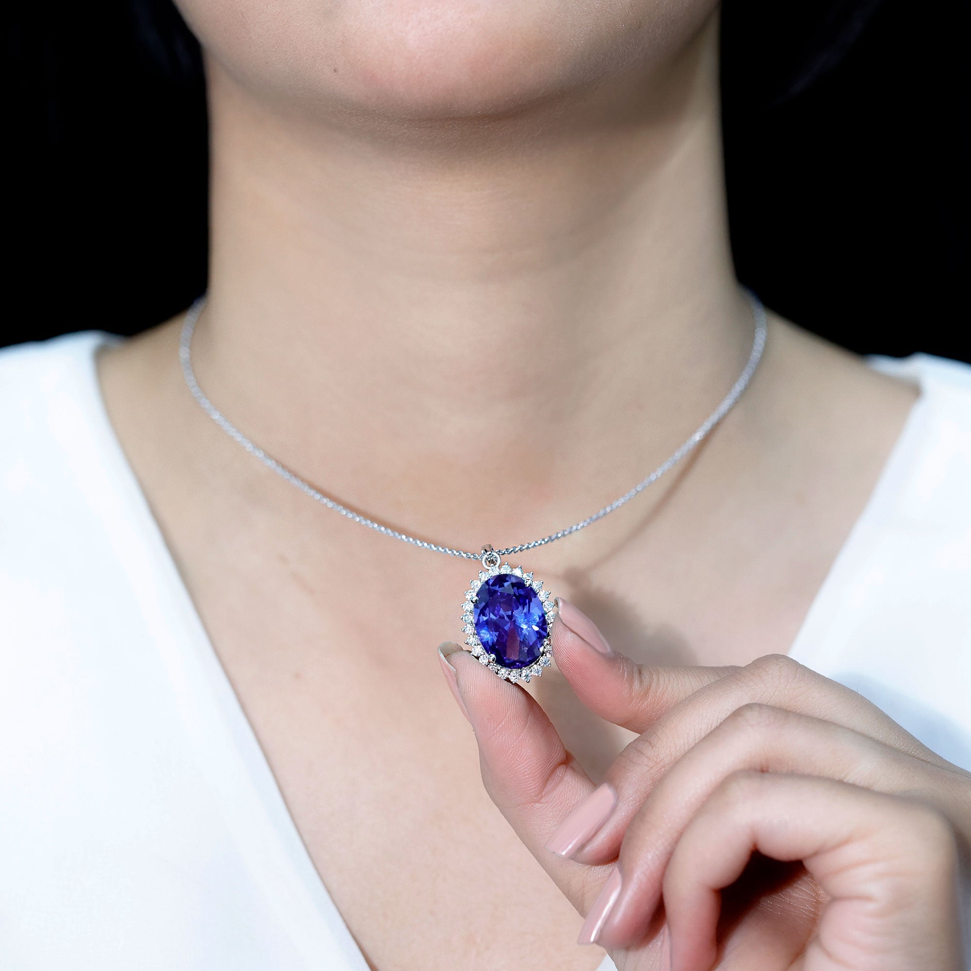 13X18 MM Lab Grown Blue Sapphire Bridal Necklace With Silver Chain