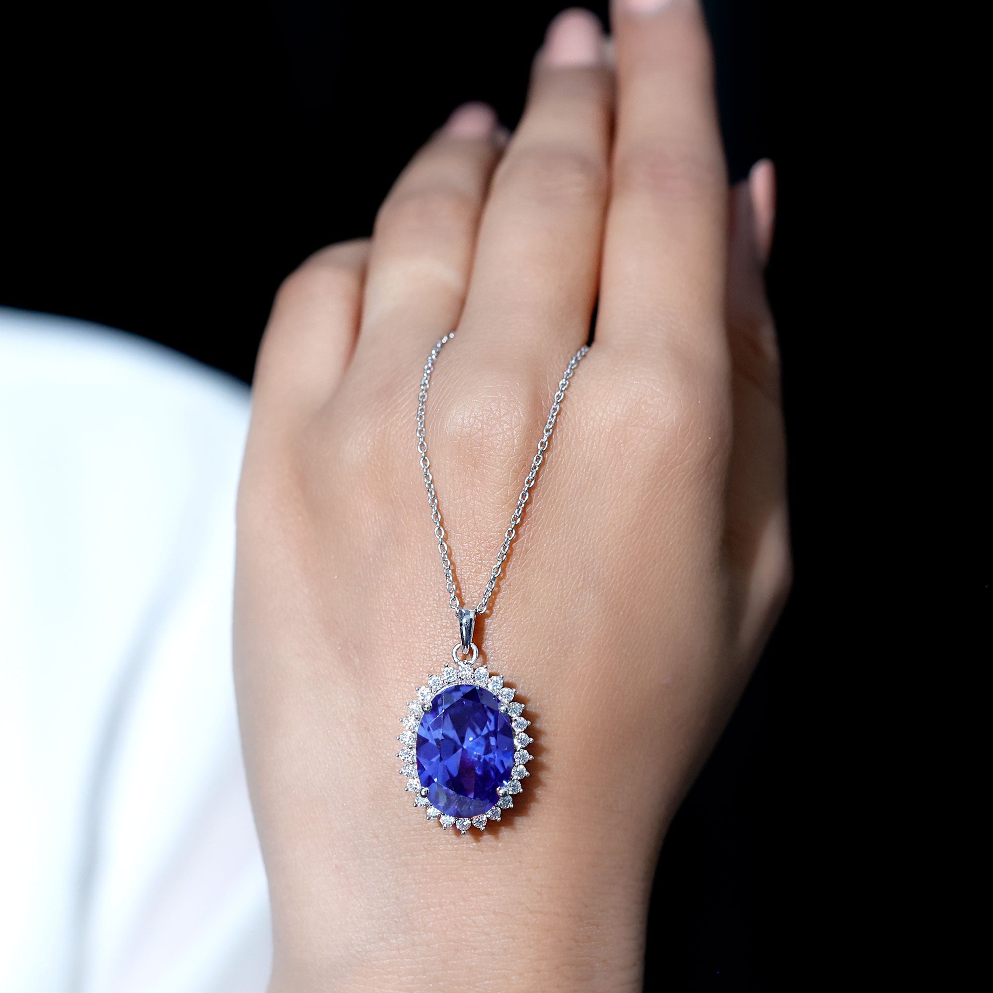 13X18 MM Lab Grown Blue Sapphire Bridal Necklace With Silver Chain