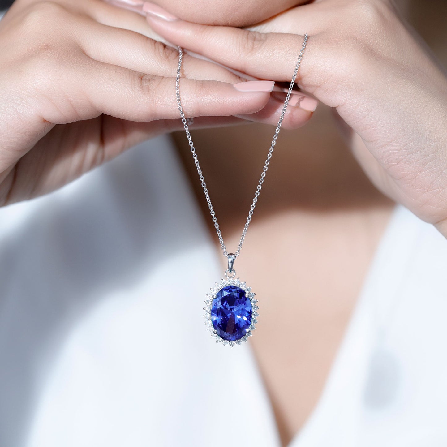 13X18 MM Lab Grown Blue Sapphire Bridal Necklace With Silver Chain