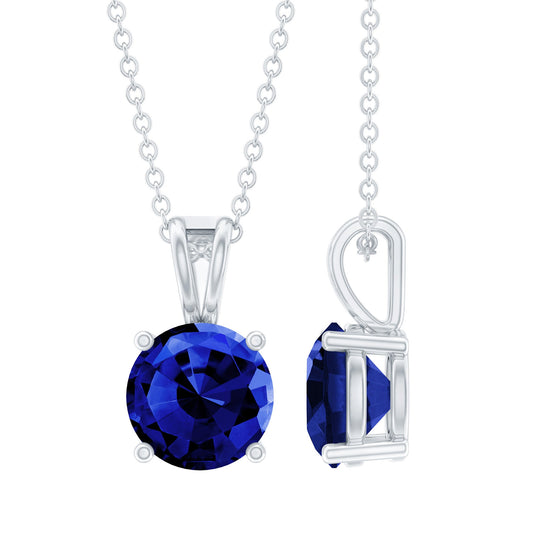 Certified 8 MM Lab Blue Sapphire Solitaire Necklace With Silver Chain