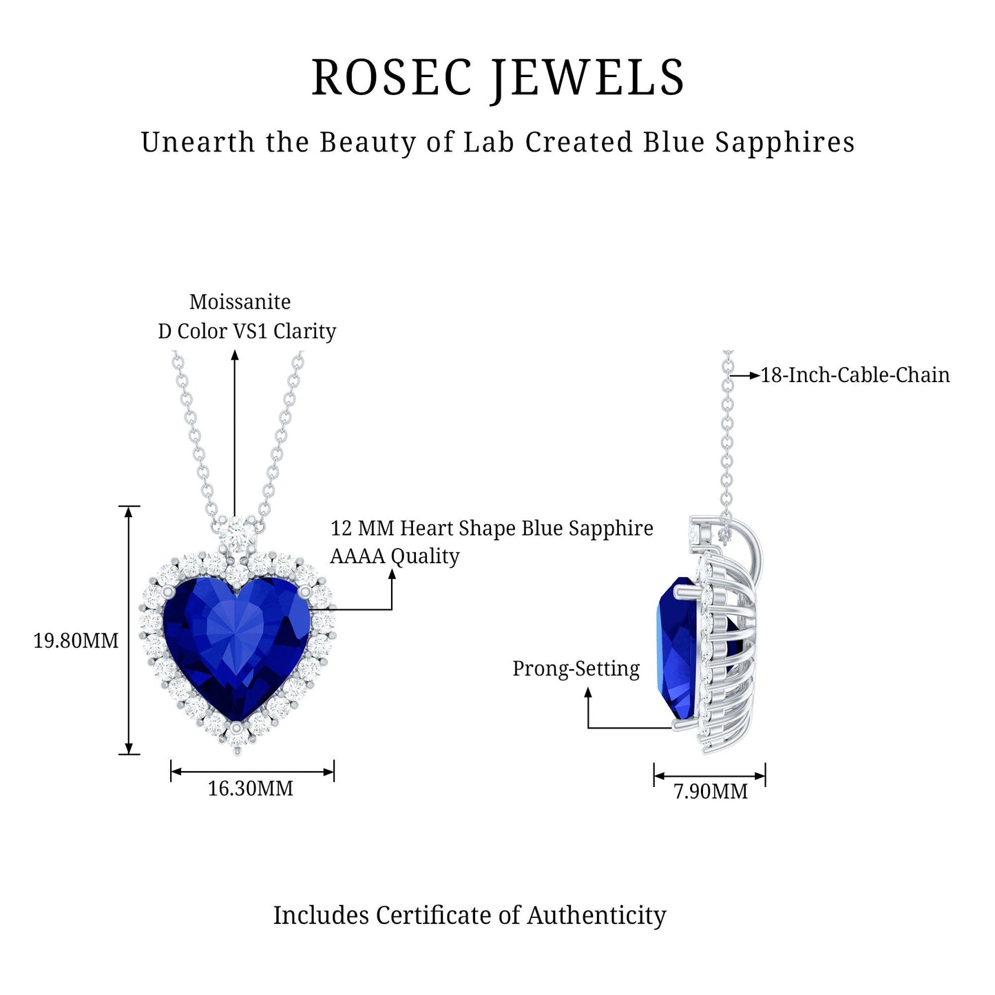 Lab Grown Blue Sapphire Titanic Heart of The Ocean Necklace