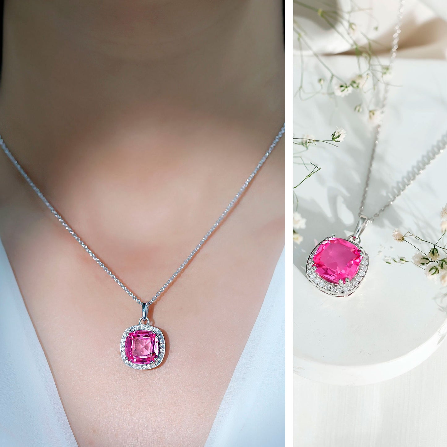12 MM Lab Grown Pink Sapphire Cocktail Necklace With Silver Chain