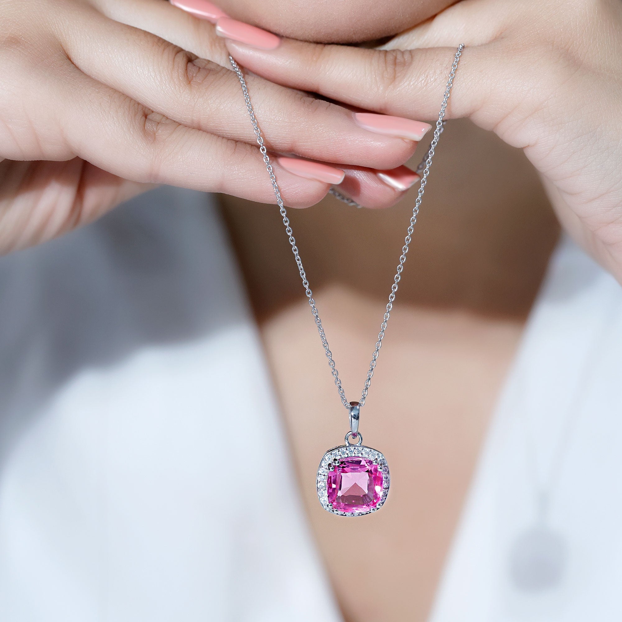 12 MM Lab Grown Pink Sapphire Cocktail Necklace With Silver Chain