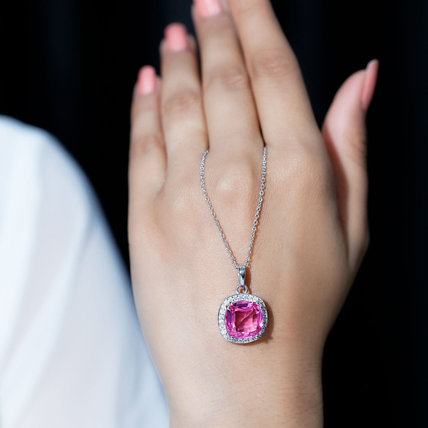 12 MM Lab Grown Pink Sapphire Cocktail Necklace With Silver Chain