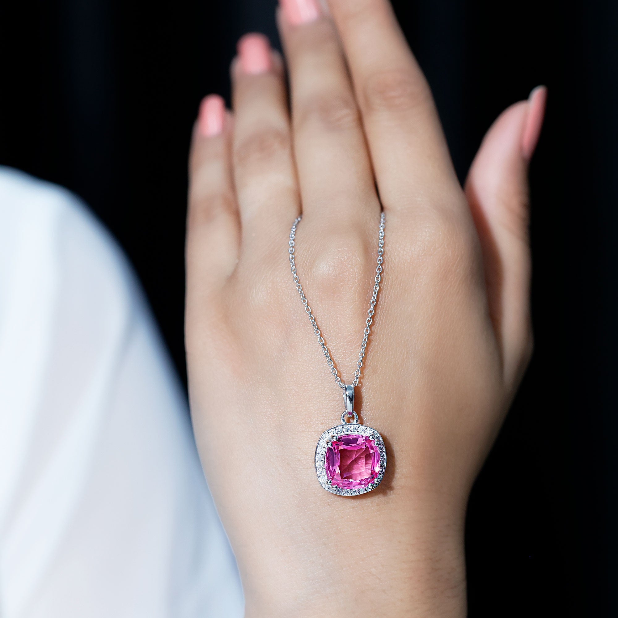 12 MM Lab Grown Pink Sapphire Cocktail Necklace With Silver Chain