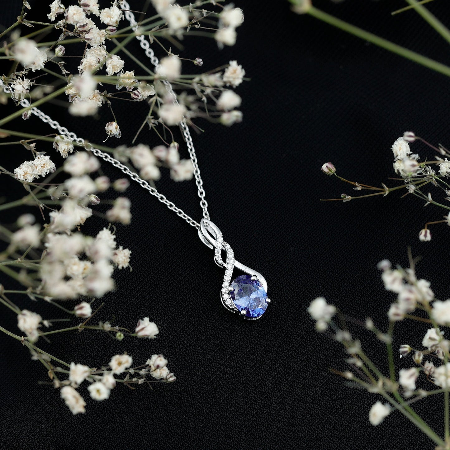 Lab Grown Blue Sapphire Moissanite Knot Pendant Necklace With Silver Chain