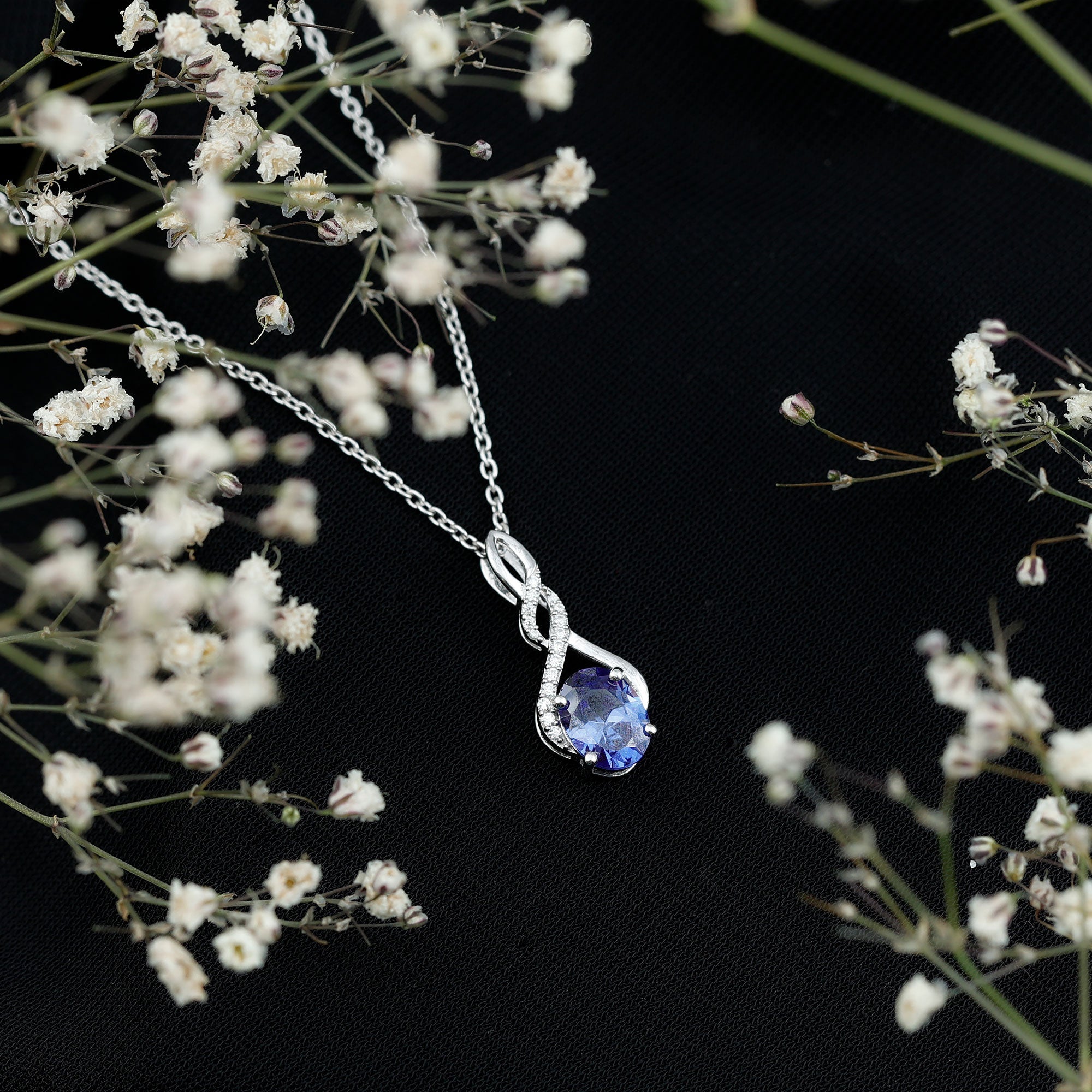 Lab Grown Blue Sapphire Moissanite Knot Pendant Necklace With Silver Chain