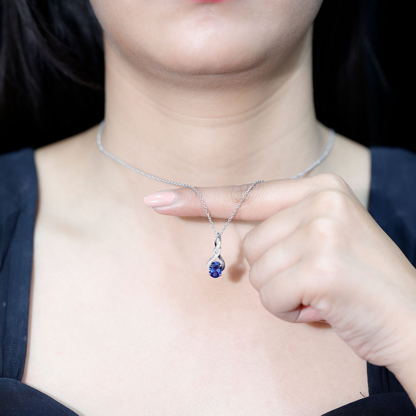 Lab Grown Blue Sapphire Moissanite Knot Pendant Necklace With Silver Chain