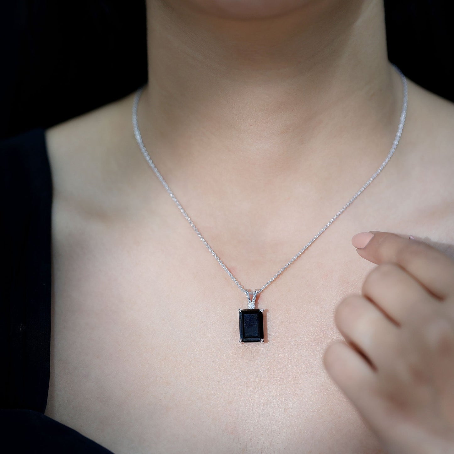 10X14 MM Lab Grown Black Diamond Solitaire Necklace In Silver - Gift For Women