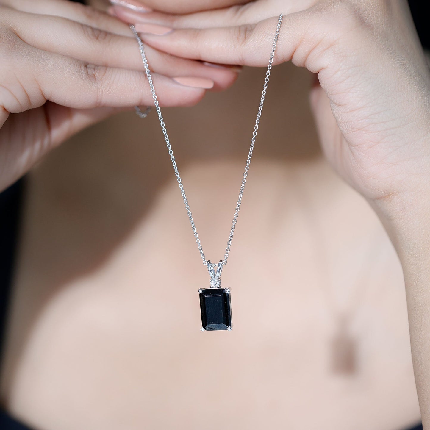 10X14 MM Lab Grown Black Diamond Solitaire Necklace In Silver - Gift For Women