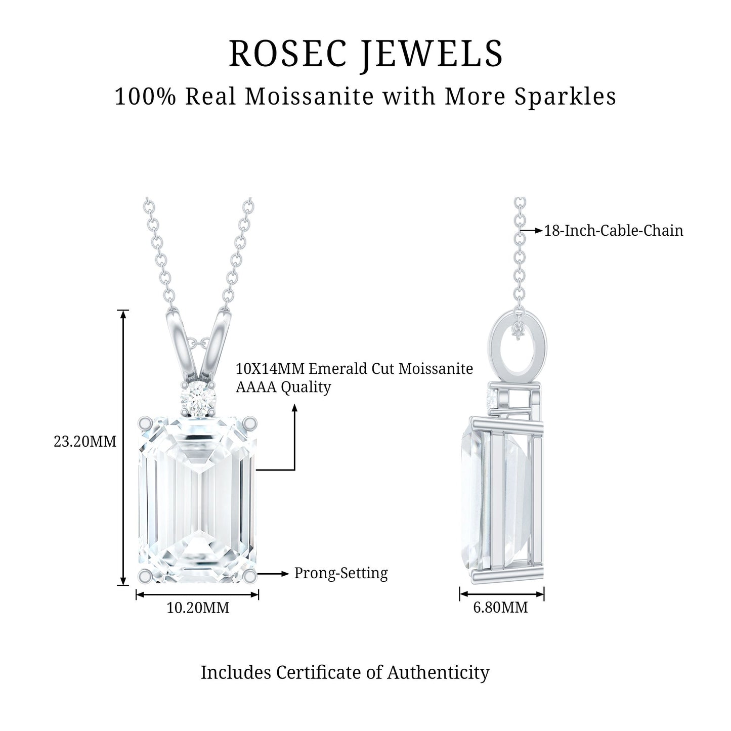 Moissanite 10X14mm Emerald Cut Necklace With Silver Chain