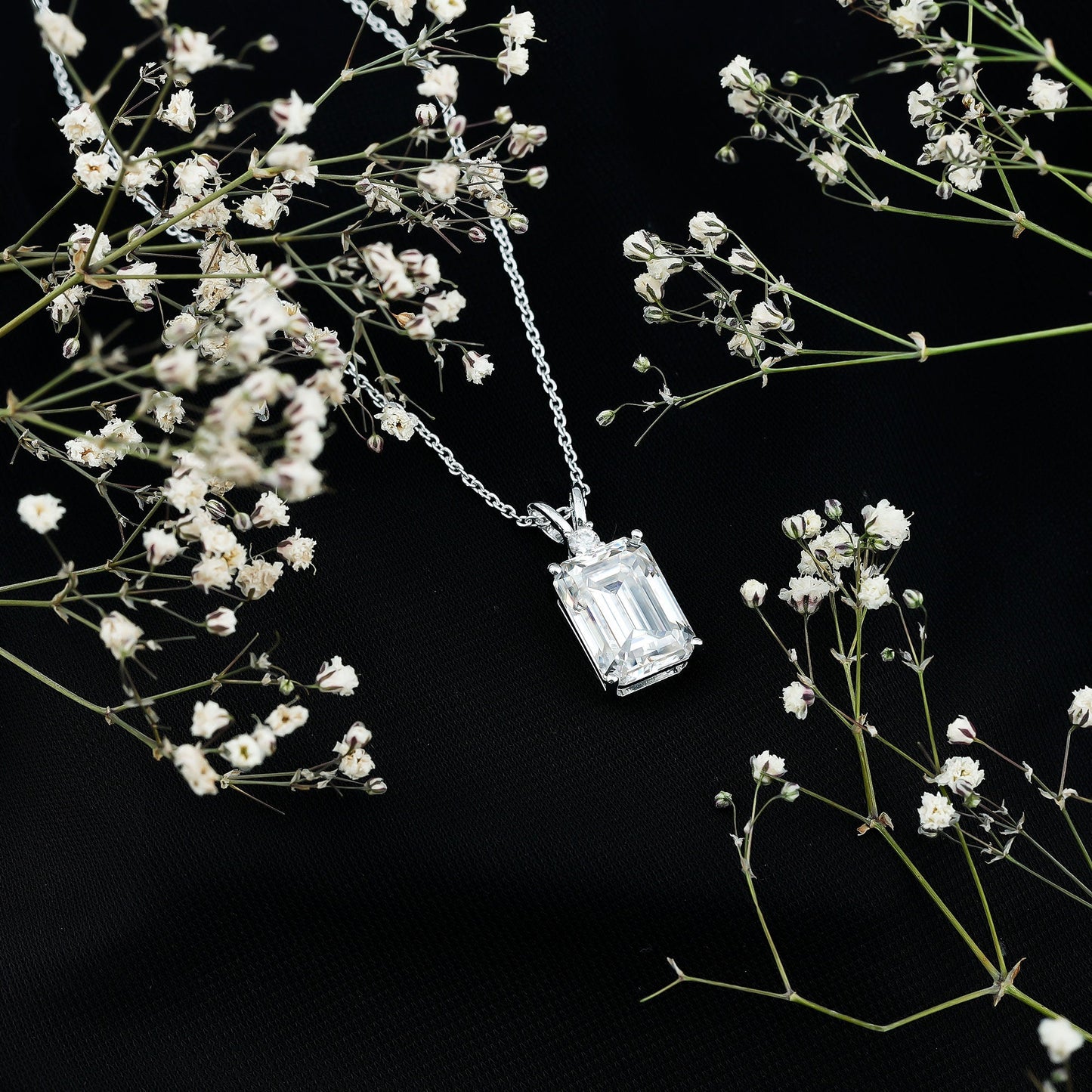 Moissanite 10X14mm Emerald Cut Necklace With Silver Chain