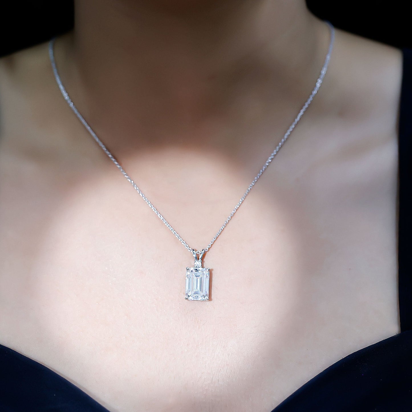 Moissanite 10X14mm Emerald Cut Necklace With Silver Chain