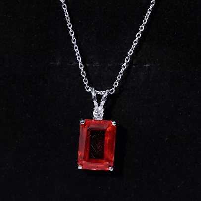 Lab Grown Orange Sapphire 10X14mm Emerald Cut Necklace With Silver Chain