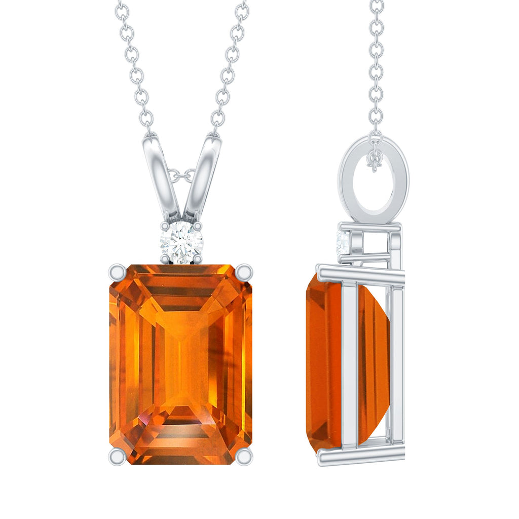 Lab Grown Orange Sapphire 10X14mm Emerald Cut Necklace With Silver Chain