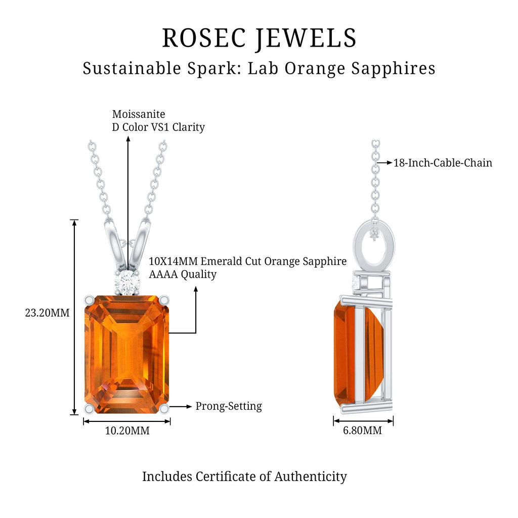 Lab Grown Orange Sapphire 10X14mm Emerald Cut Necklace With Silver Chain