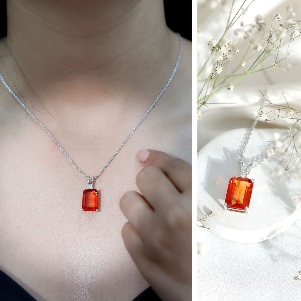 Lab Grown Orange Sapphire 10X14mm Emerald Cut Necklace With Silver Chain