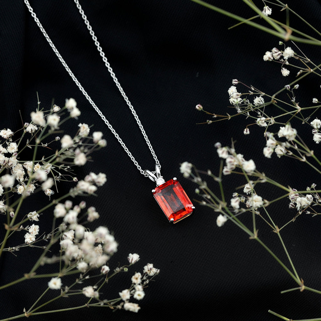 Lab Grown Orange Sapphire 10X14mm Emerald Cut Necklace With Silver Chain