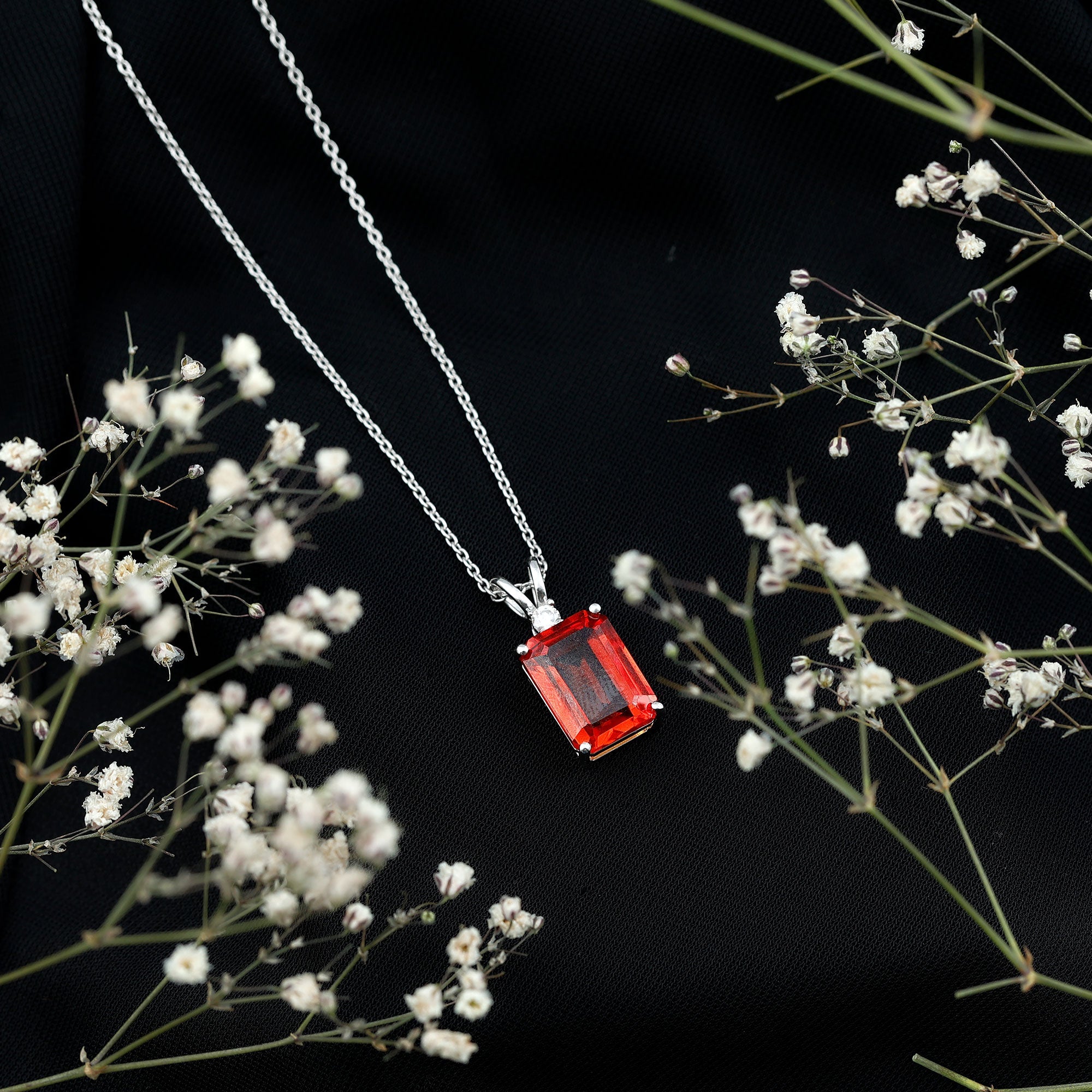 Lab Grown Orange Sapphire 10X14mm Emerald Cut Necklace With Silver Chain