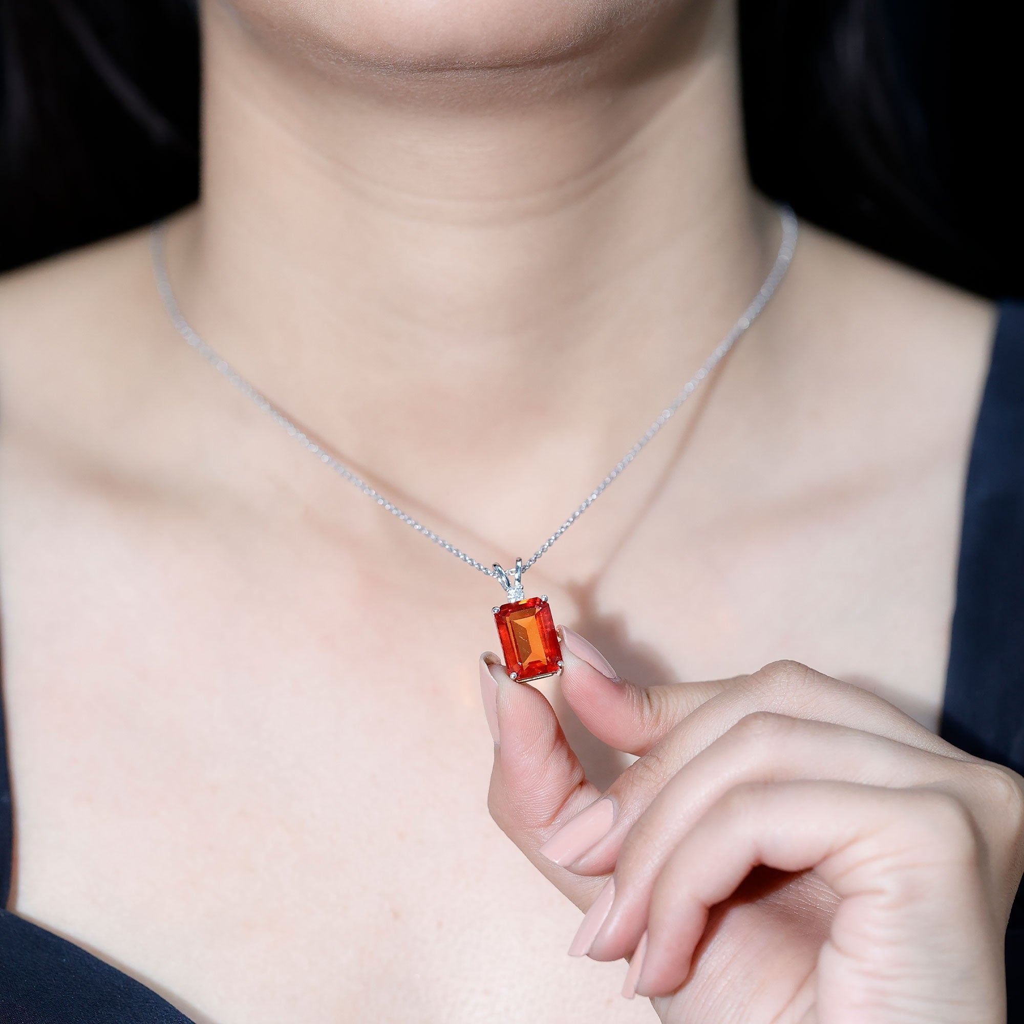 Lab Grown Orange Sapphire 10X14mm Emerald Cut Necklace With Silver Chain