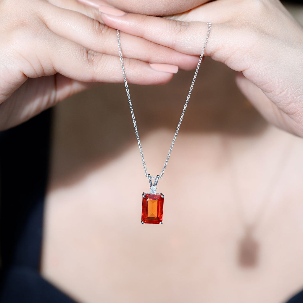 Lab Grown Orange Sapphire 10X14mm Emerald Cut Necklace With Silver Chain