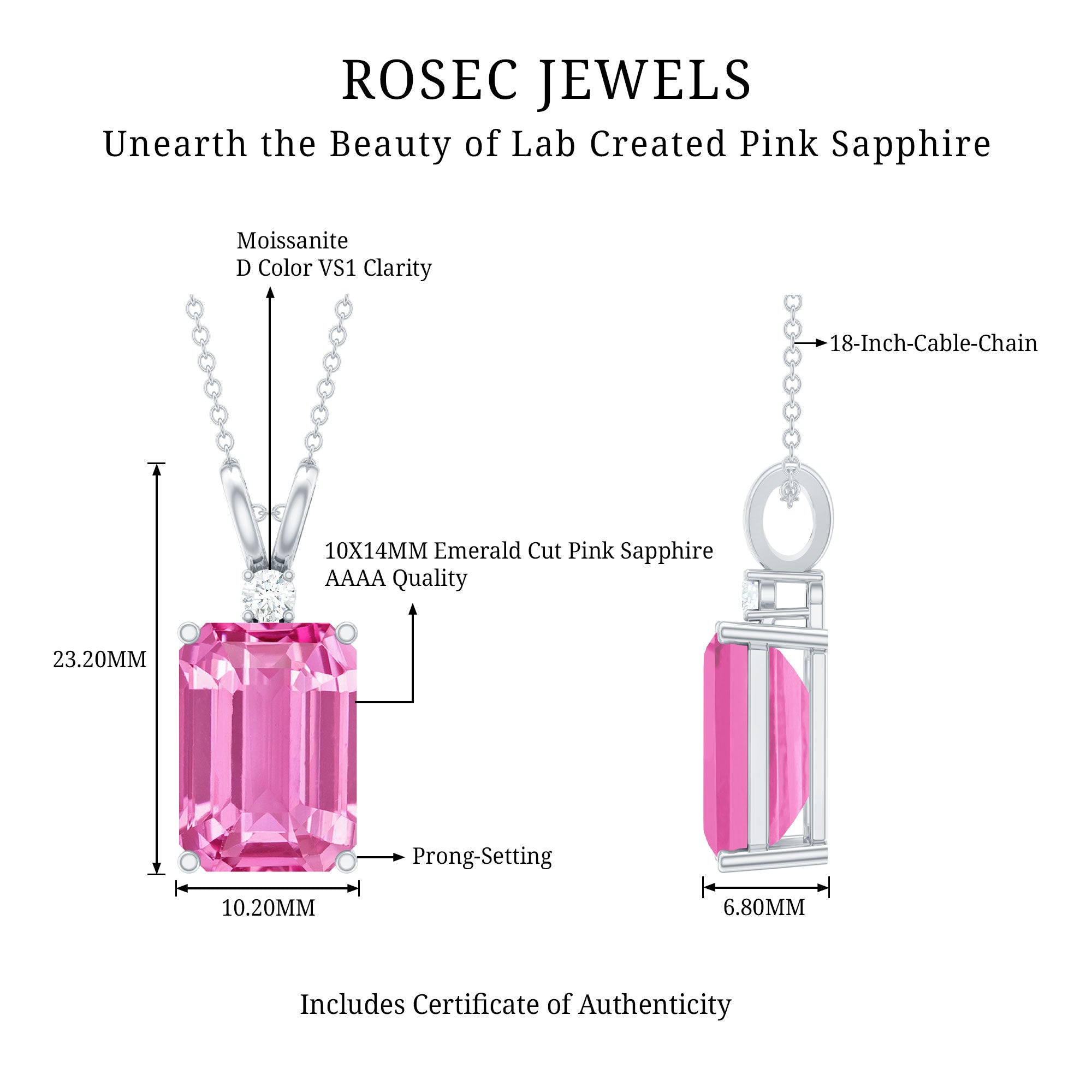 10X14mm Lab Grown Pink Sapphire Statement Necklace With Silver Chain