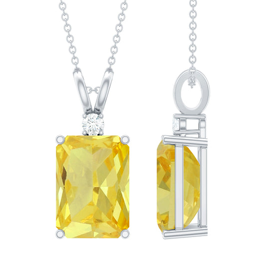 10X14 MM Lab Grown Yellow Sapphire Silver Emerald Cut Necklace With Chain