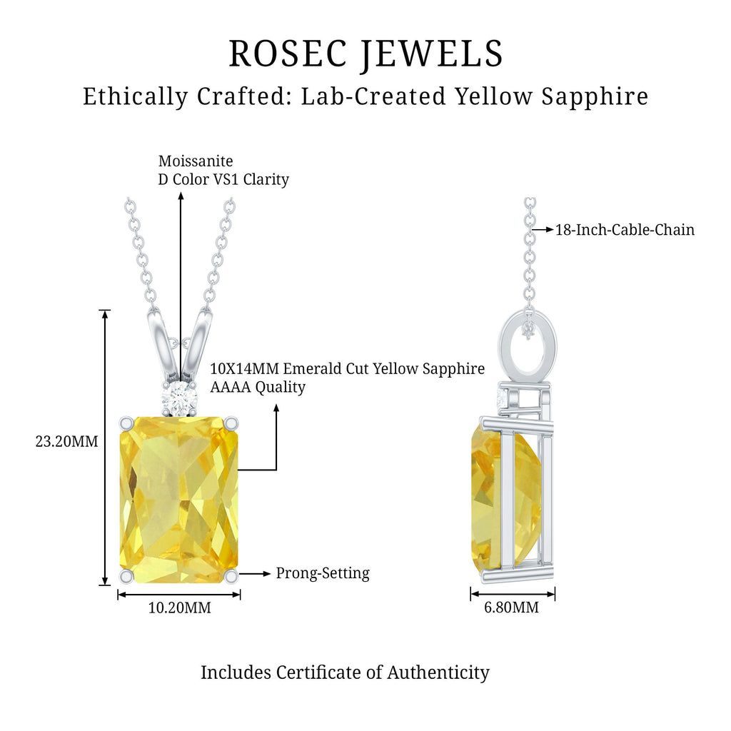 10X14 MM Lab Grown Yellow Sapphire Silver Emerald Cut Necklace With Chain