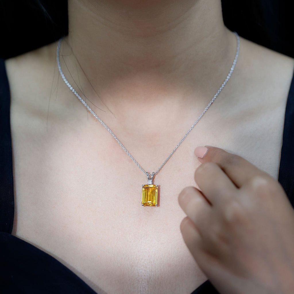 10X14 MM Lab Grown Yellow Sapphire Silver Emerald Cut Necklace With Chain