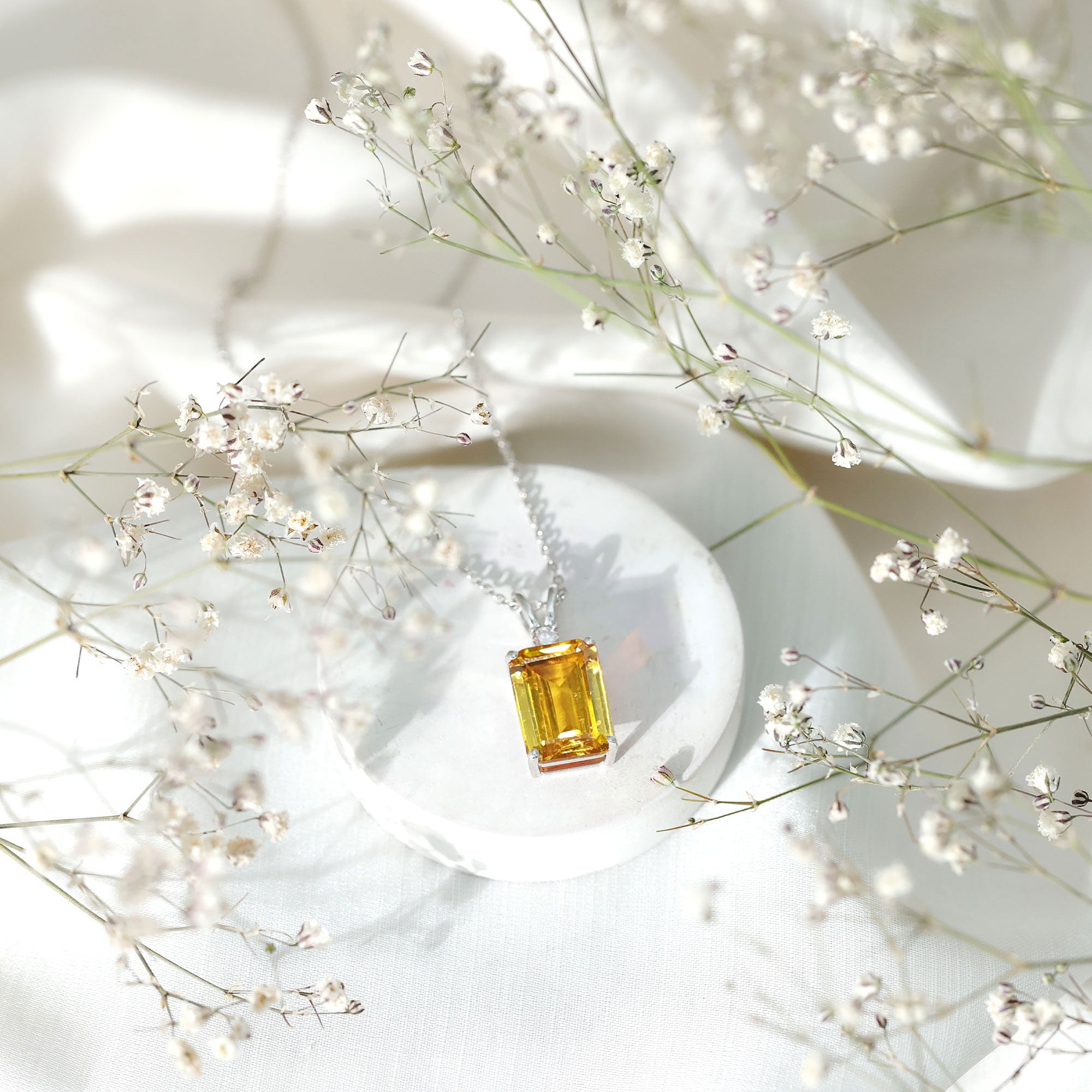 10X14 MM Lab Grown Yellow Sapphire Silver Emerald Cut Necklace With Chain