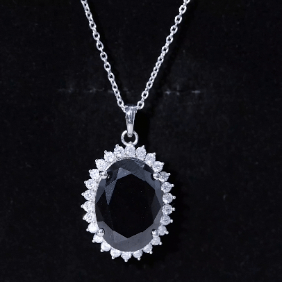 13X18mm Oval Lab Grown Black Diamond Cocktail Necklace With Silver Chain