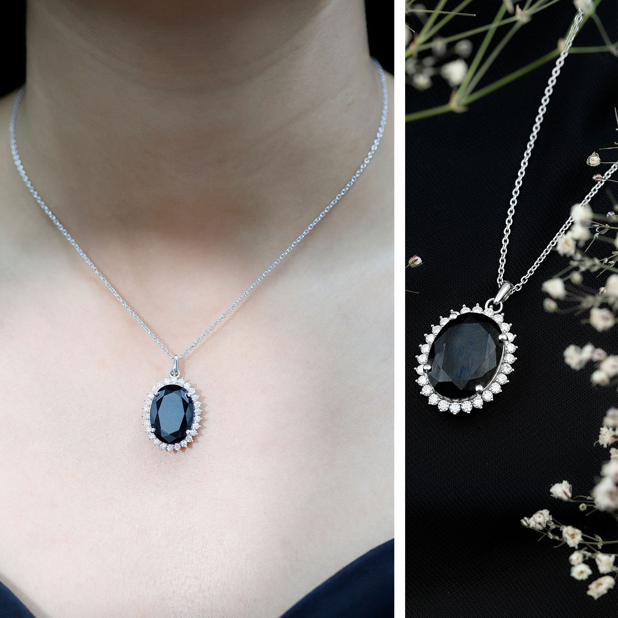 13X18mm Oval Lab Grown Black Diamond Cocktail Necklace With Silver Chain
