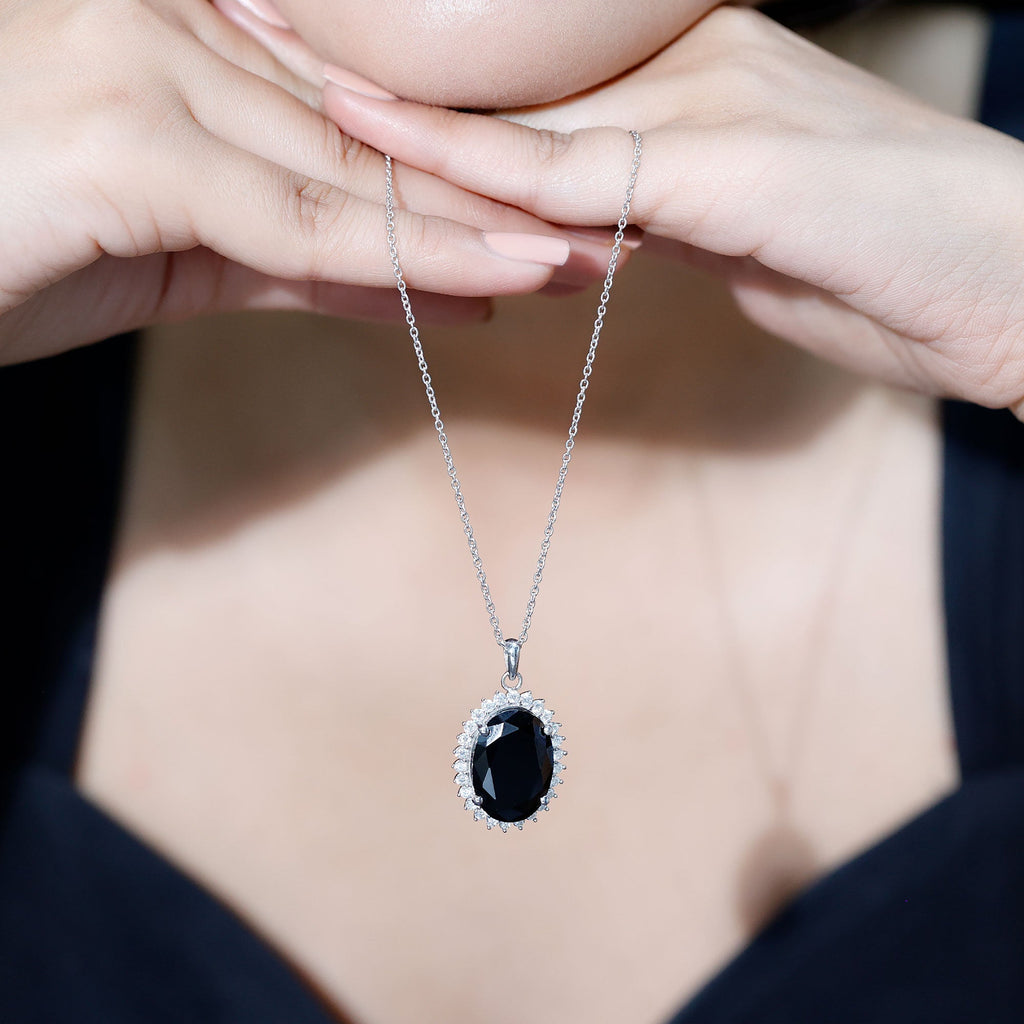 13X18mm Oval Lab Grown Black Diamond Cocktail Necklace With Silver Chain