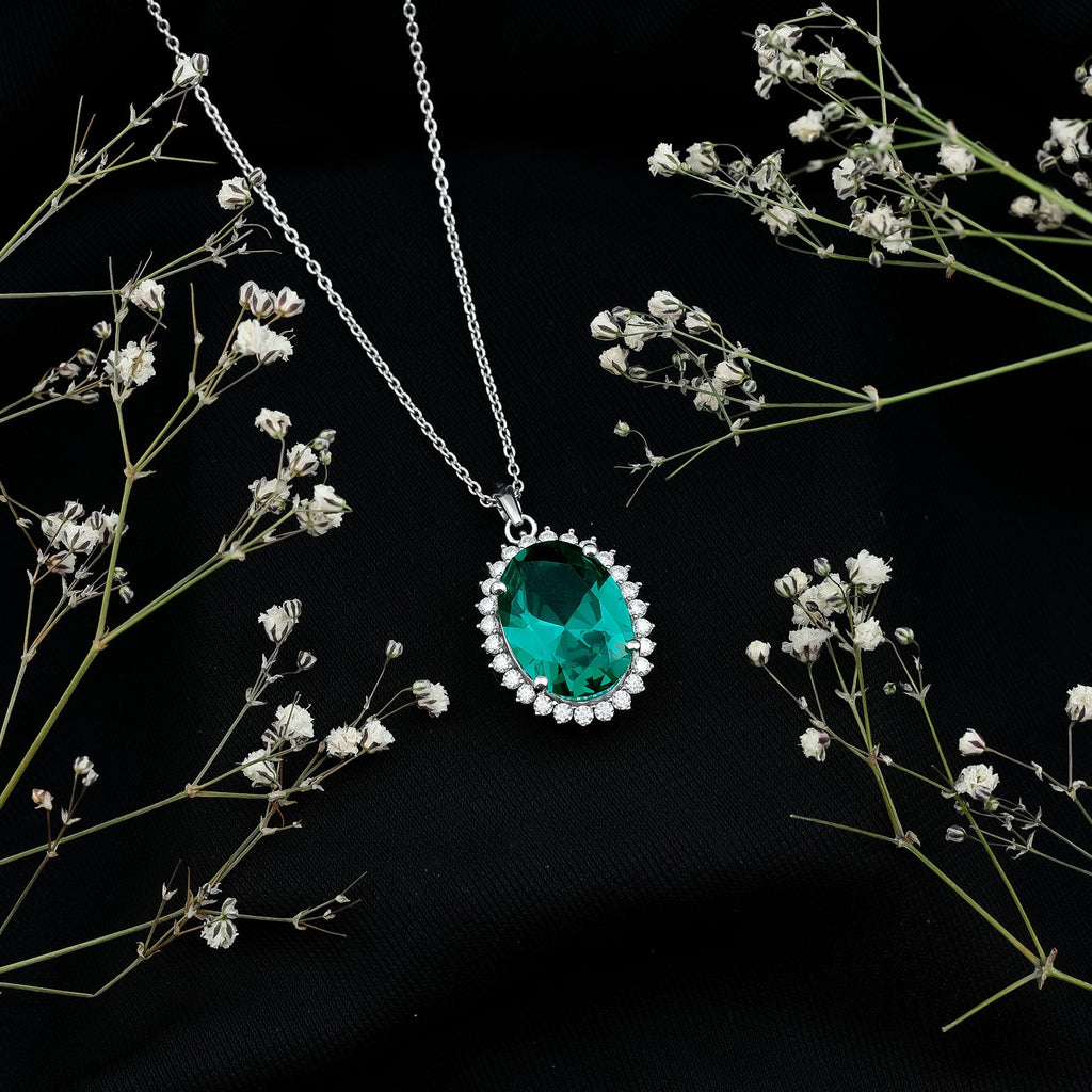 13X18 MM Lab Grown Emerald Statement Necklace With Silver Chain