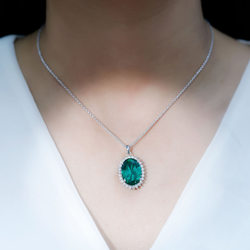 13X18 MM Lab Grown Emerald Statement Necklace With Silver Chain
