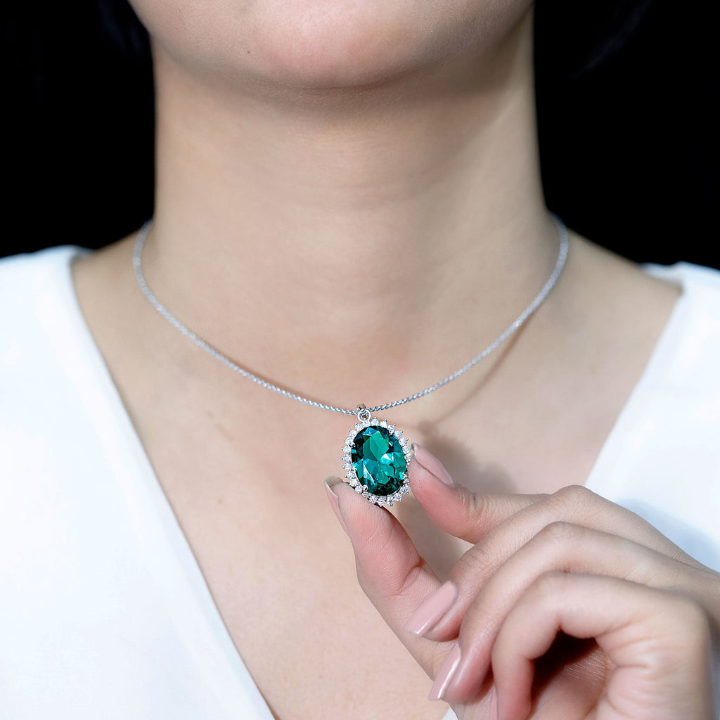 13X18 MM Lab Grown Emerald Statement Necklace With Silver Chain