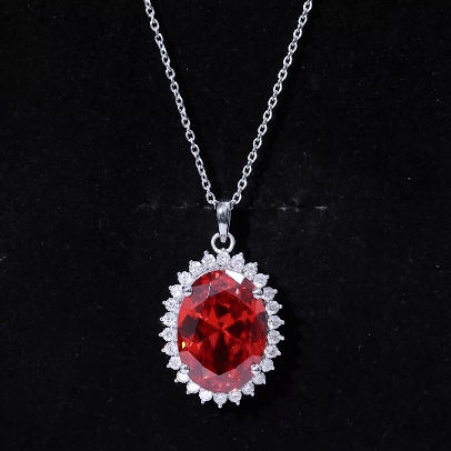 13X18mm Lab Grown Orange Sapphire Moissanite Halo Necklace With Silver Chain
