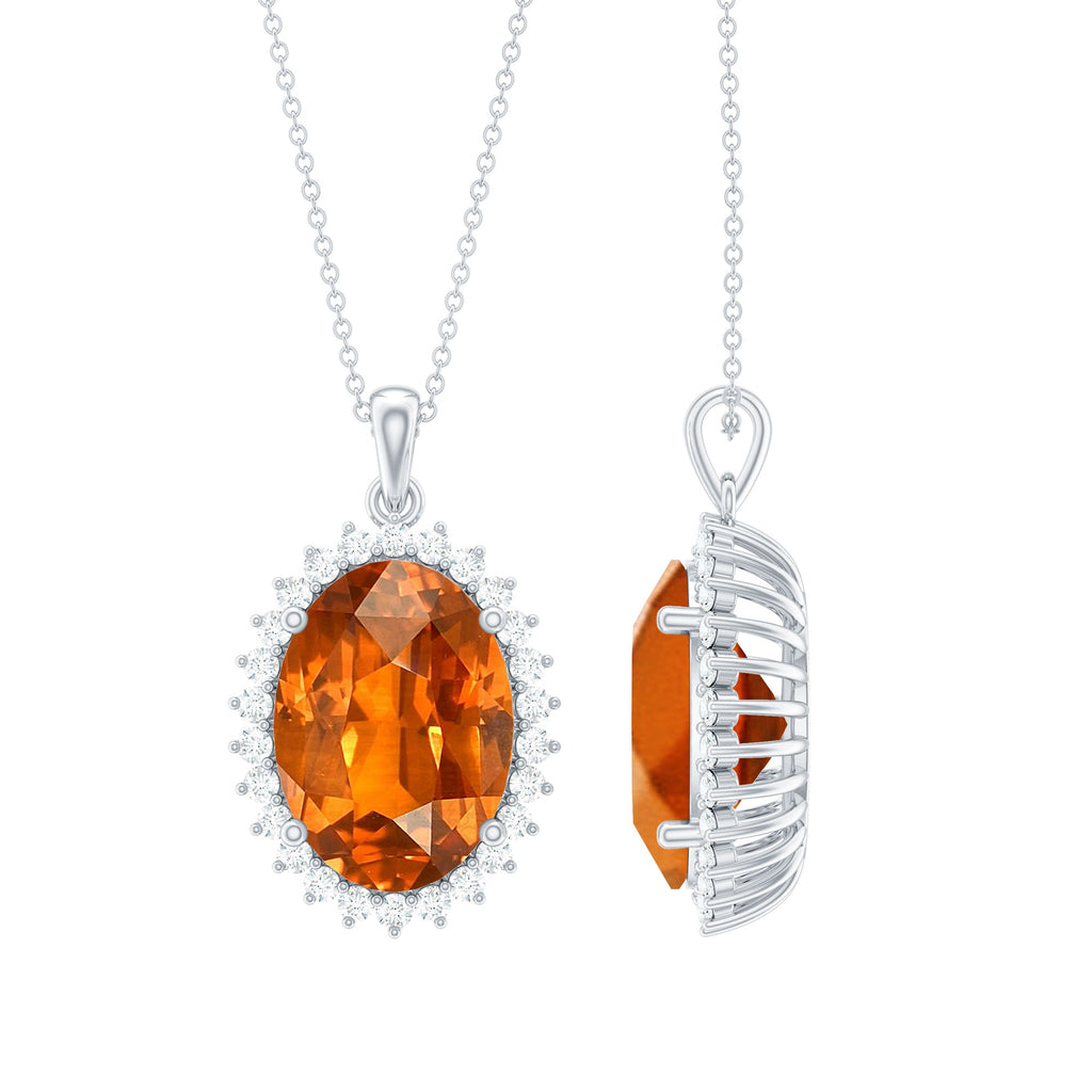 13X18mm Lab Grown Orange Sapphire Moissanite Halo Necklace With Silver Chain