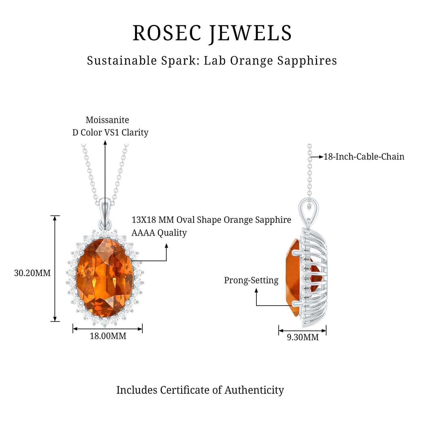 13X18mm Lab Grown Orange Sapphire Moissanite Halo Necklace With Silver Chain