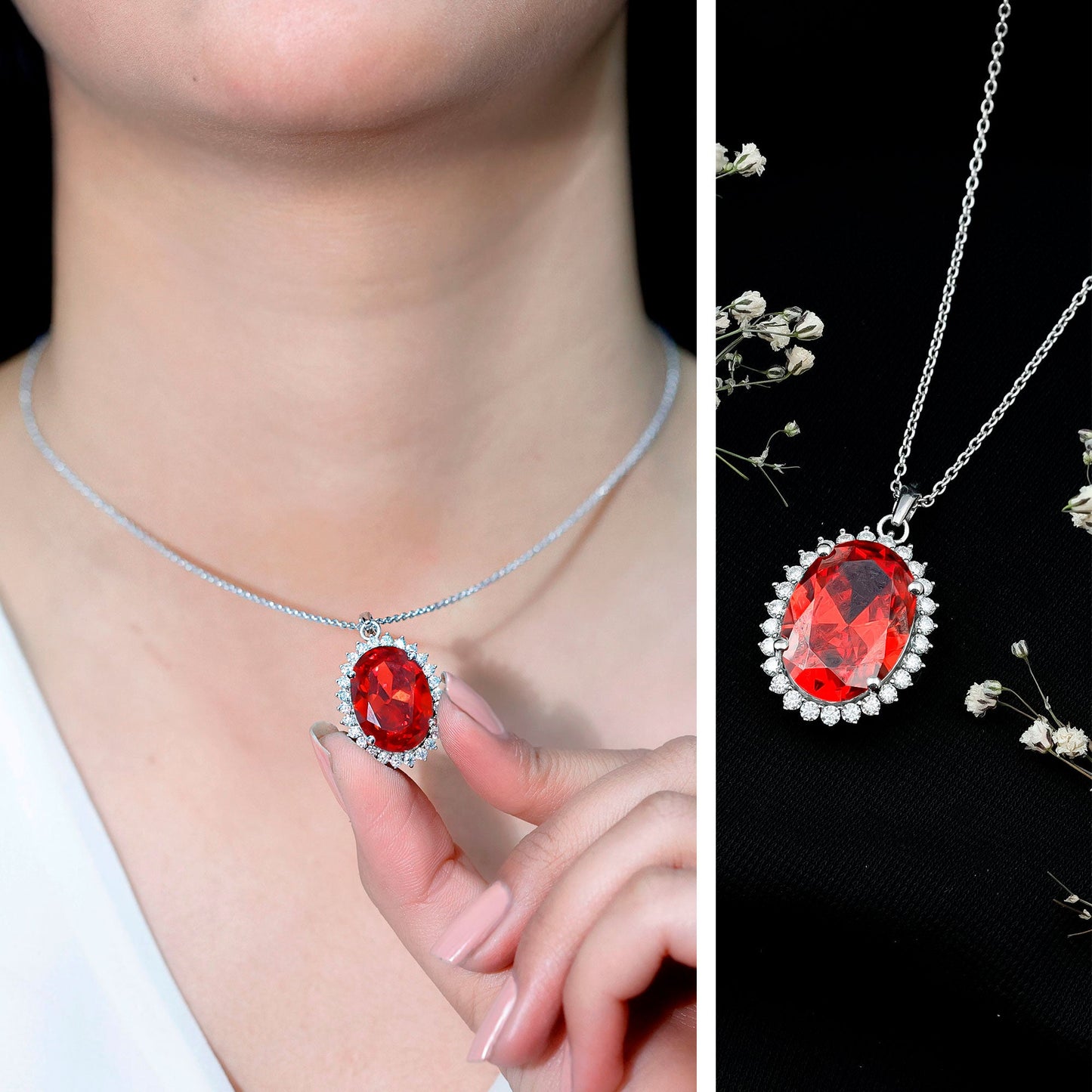 13X18mm Lab Grown Orange Sapphire Moissanite Halo Necklace With Silver Chain