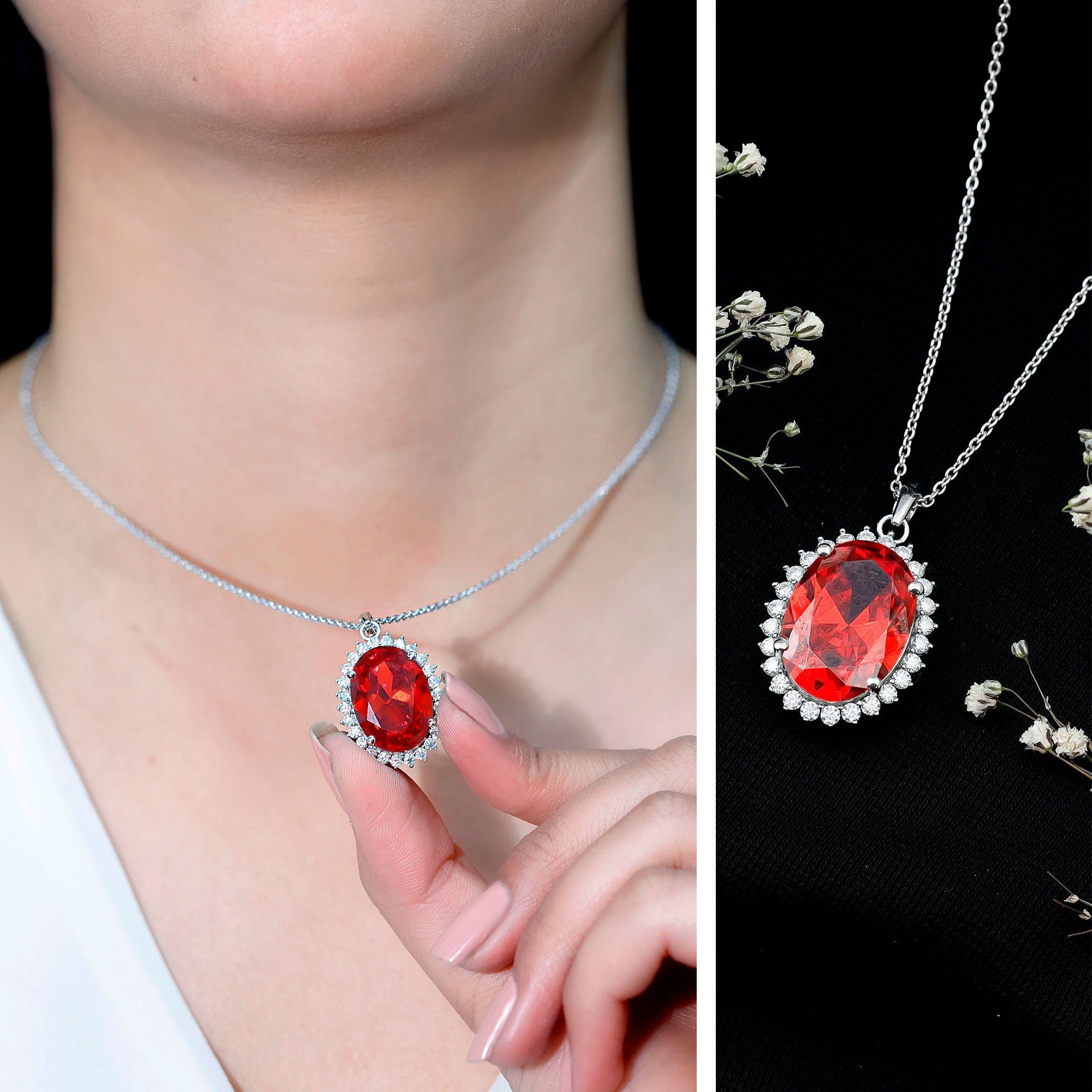 13X18mm Lab Grown Orange Sapphire Moissanite Halo Necklace With Silver Chain