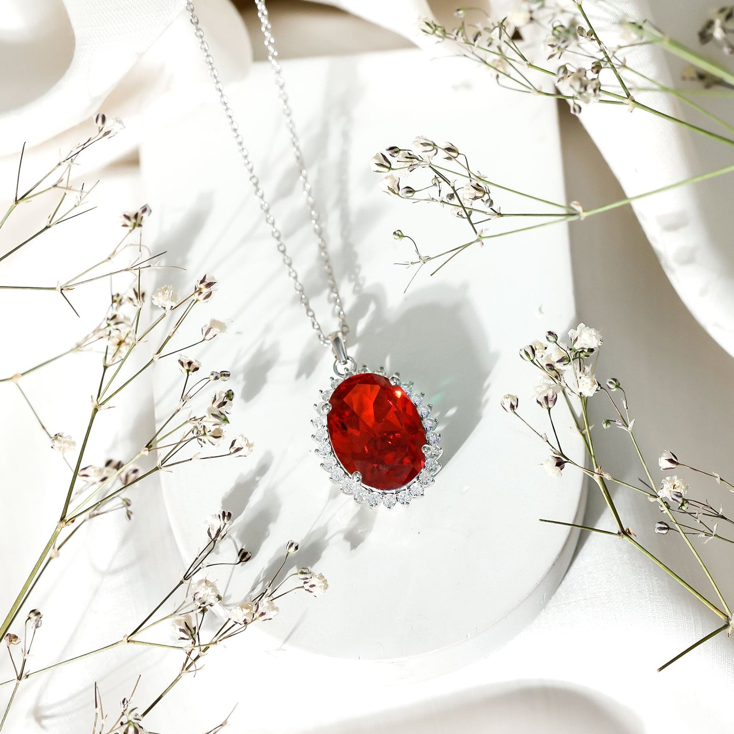 13X18mm Lab Grown Orange Sapphire Moissanite Halo Necklace With Silver Chain