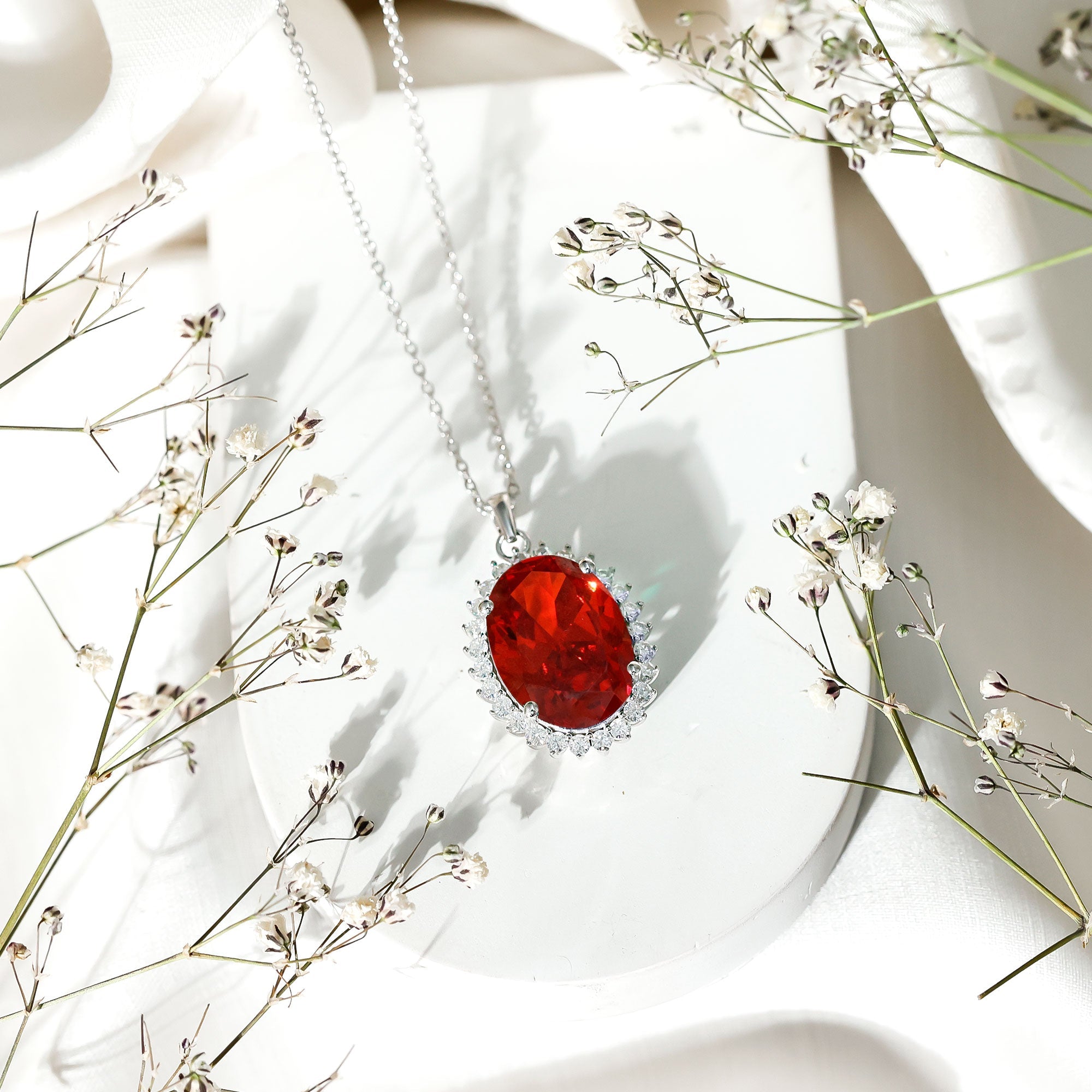 13X18mm Lab Grown Orange Sapphire Moissanite Halo Necklace With Silver Chain