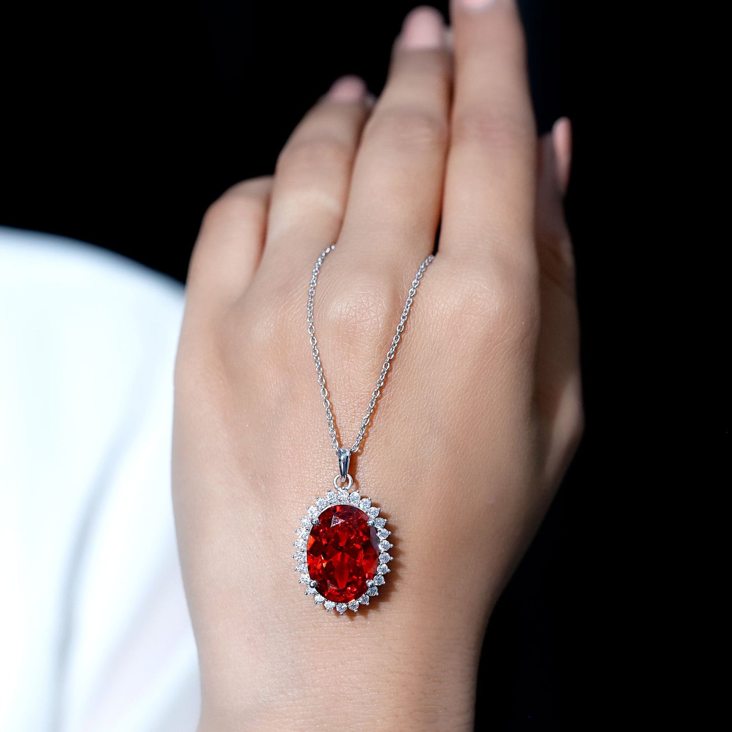 13X18mm Lab Grown Orange Sapphire Moissanite Halo Necklace With Silver Chain