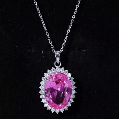 Elegant 13X18 MM Lab Pink Sapphire Bridal Necklace With Silver Chain