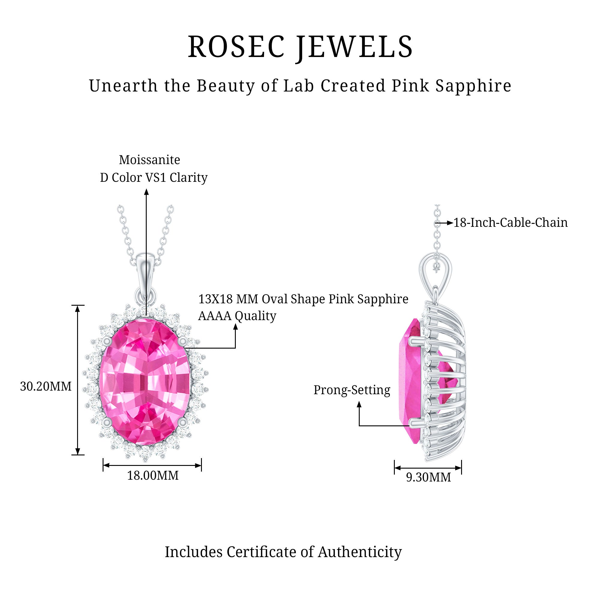 Elegant 13X18 MM Lab Pink Sapphire Bridal Necklace With Silver Chain