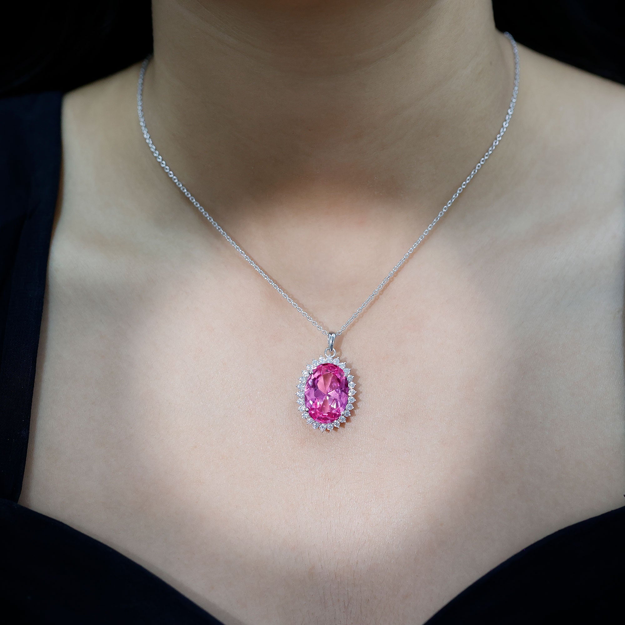 Elegant 13X18 MM Lab Pink Sapphire Bridal Necklace With Silver Chain